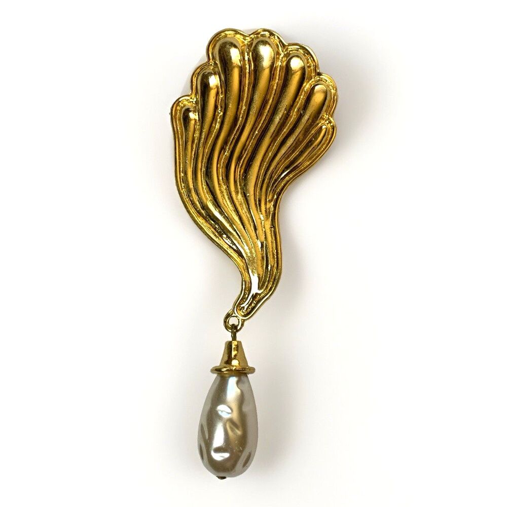 Vintage Edouard Rambaud Paris Faux Pearl Gold Tone Brooch Runway Statement Pin